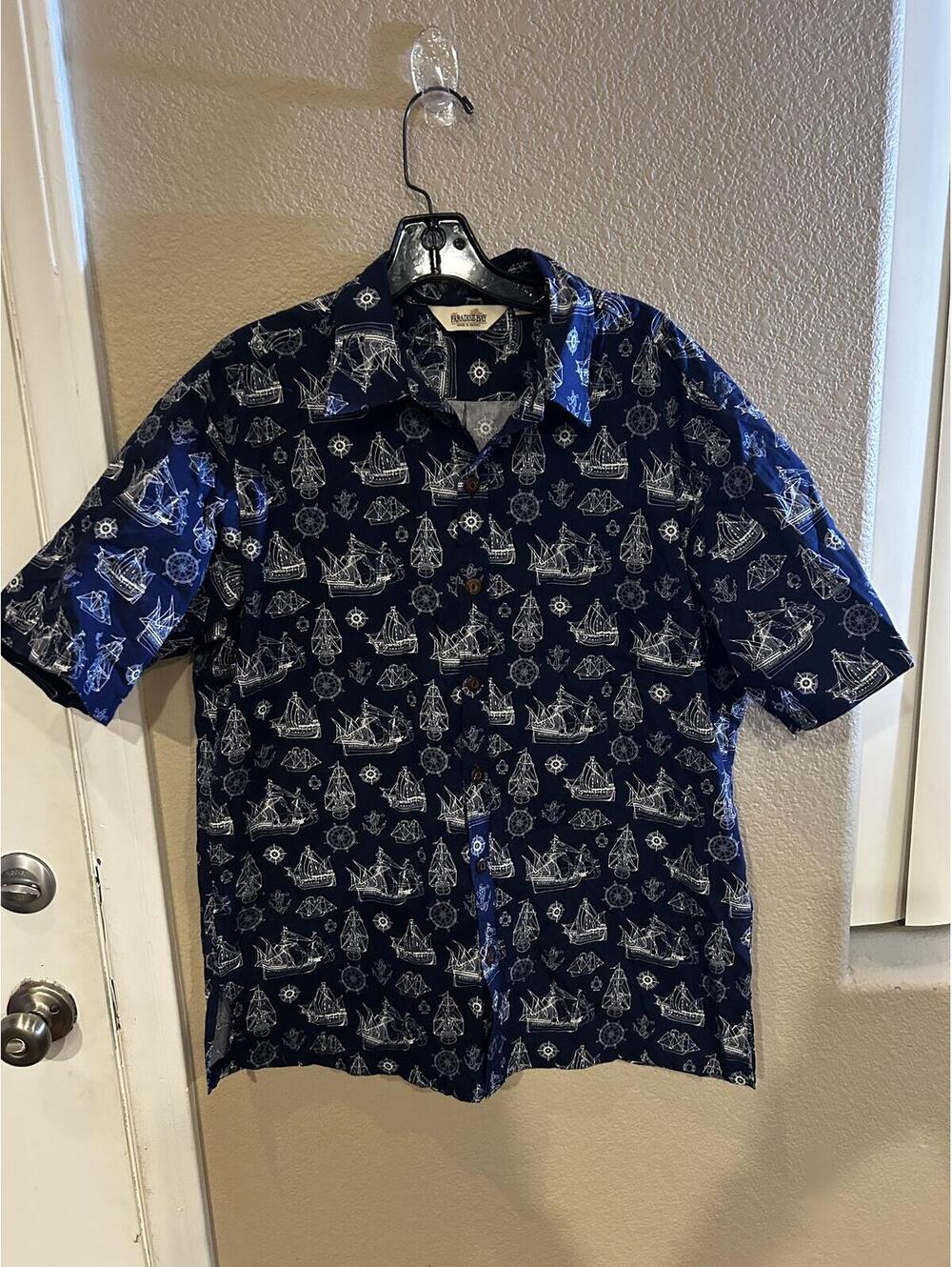 Paradise Bay Navy Blue Nautical Print Short Sleeve Shirt Large